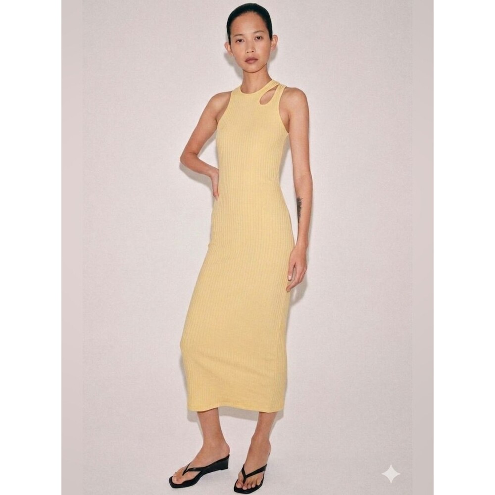 Zara Ribbed Midi Dress in Pale Yellow with Shoulder Cutout